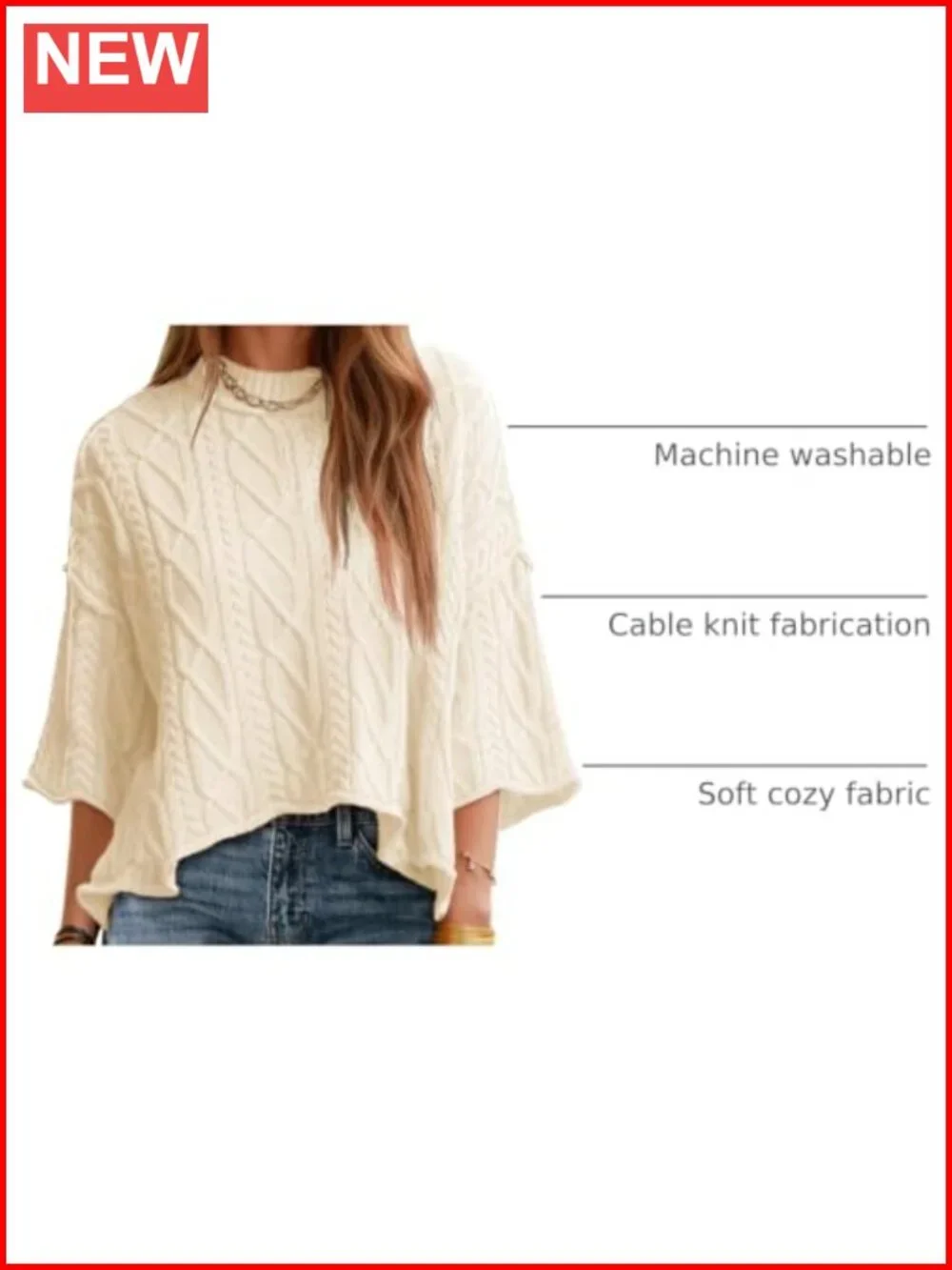 Womens Cable Knit Cropped Sweater Oversize 3/4 Sleeve Pullover